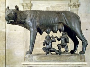 Den kapitolinske ulve med figurer af Romulus og Remus af Antonio Pollaiuolo (1433-98) c.1484-96 (bronze)